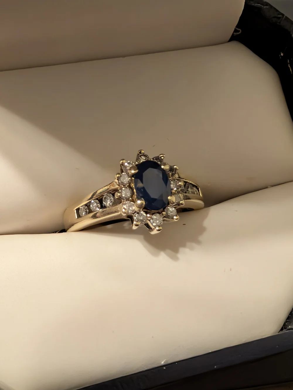 Gold Sapphire Halo Ring with Clear Accent Stones